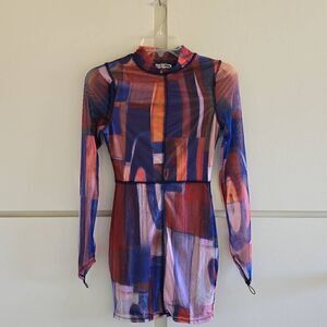 Fashion Nova Hadley mesh mini dress, shades of blues and oranges, nwot, sz.s